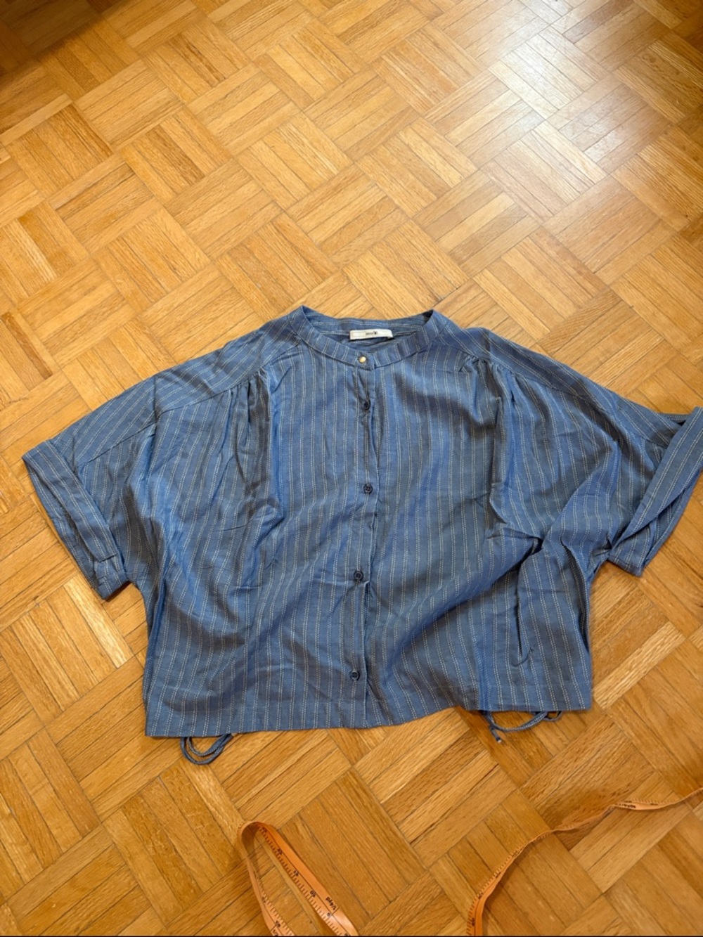 Sessun Boxy Blue Pinstripe Button-Up Top